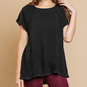 Black Pintuck High-Low Frayed Hem Linen Tunic Top by Umgee Clothing